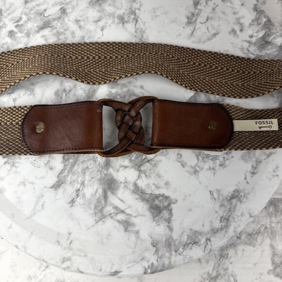 Fossil Womens Brown Tan Herringbone‎ Woven Wide Belt Brown Leather Buckle Size L main image 7
